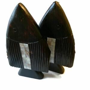 Carved Solid Wood Fish Sculpture Inlayed Mother of Pearl Scales Koi Art Pair